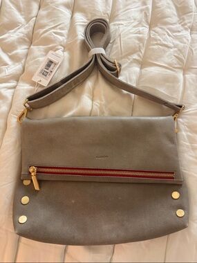 HAMMITT VIP Large Clutch Mottled Pewter Fold-Over with Gold Hardware.